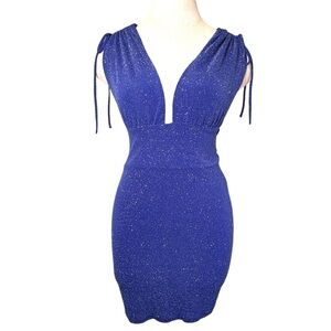 Sleeveless Plunge V Neckline Blue Bodycon Stretch Dress